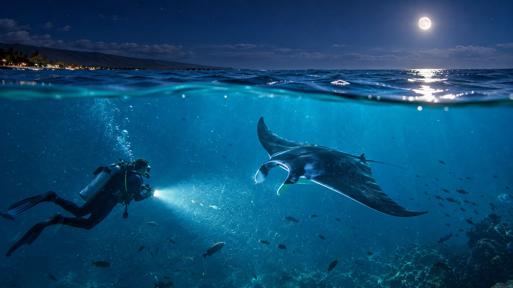 A scuba diver illuminates a graceful manta ray swimming in the deep blue ocean under the moonlight.