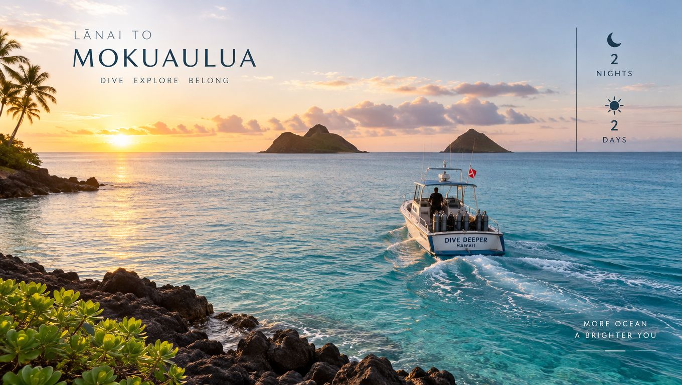 A boat named Dive Deeper cruises through crystal blue Hawaiian waters towards two distant islands at sunrise.
