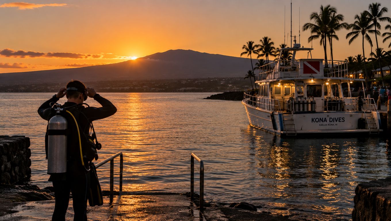 A scuba diver prepares to enter the water near a boat during a beautiful Kona sunset