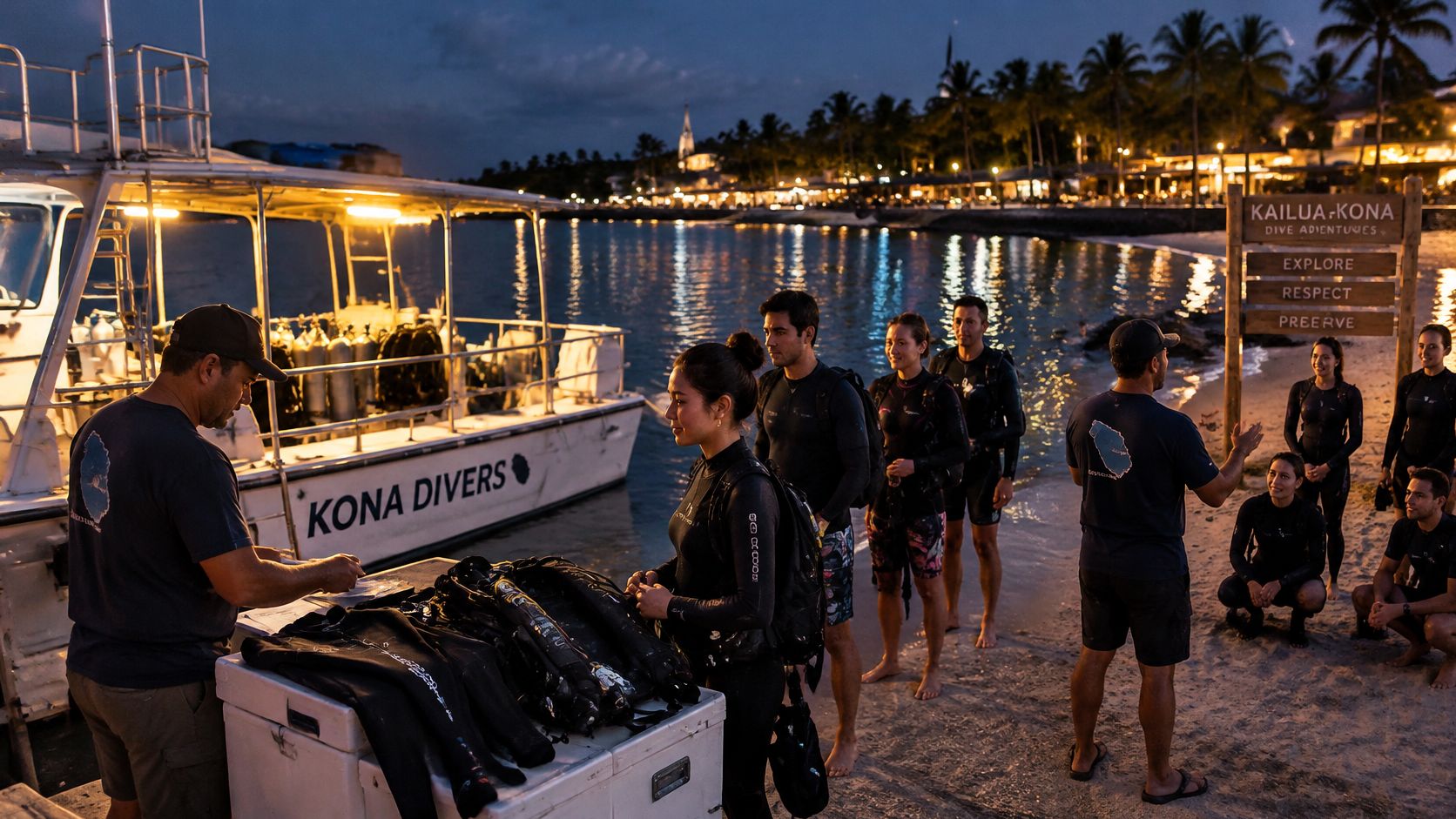 A group of divers preparing for a Kona manta ray night dive on a sandy beach.