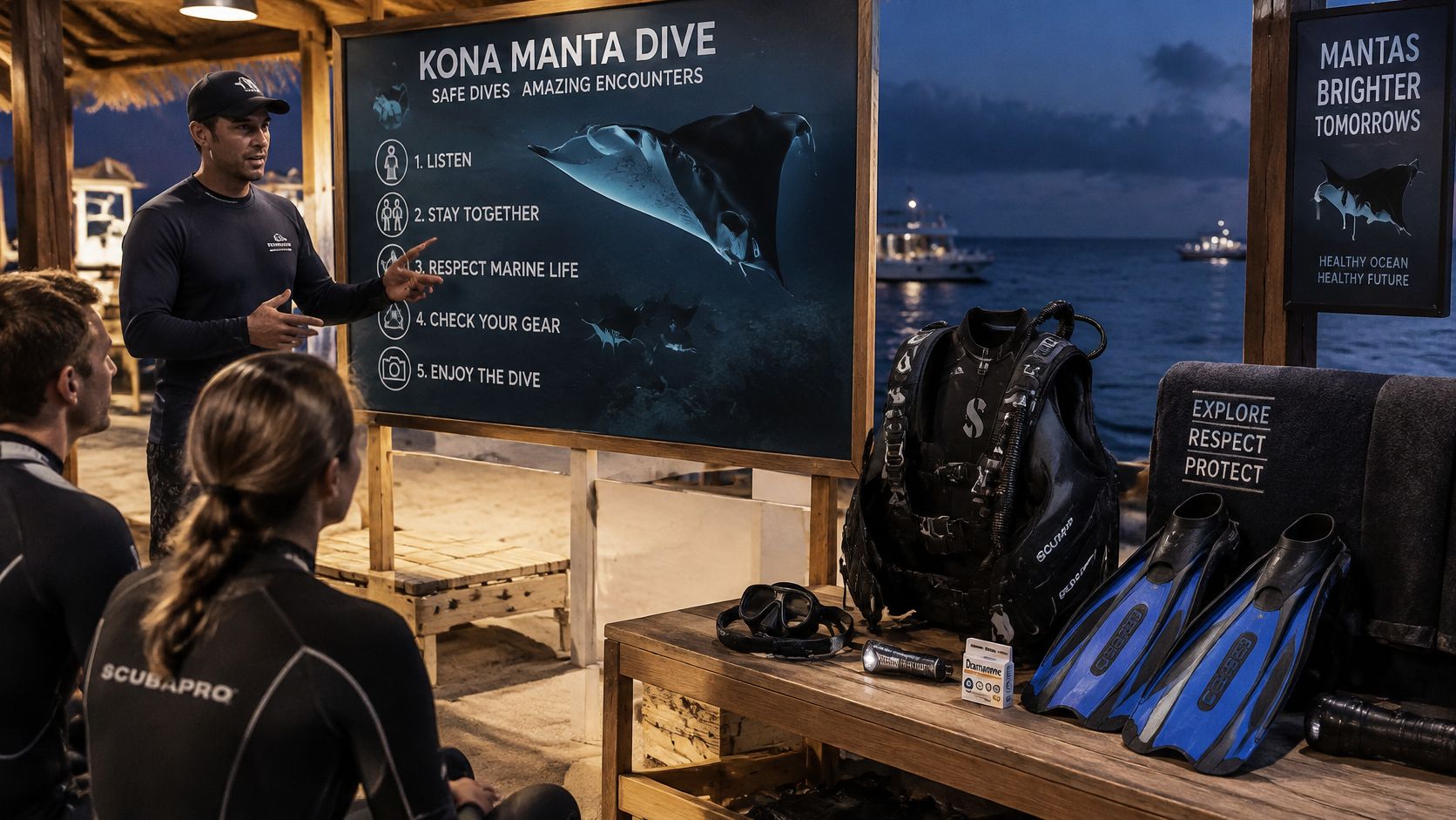 A dive instructor giving a safety briefing to two scuba divers in front of a Manta Ray poster.