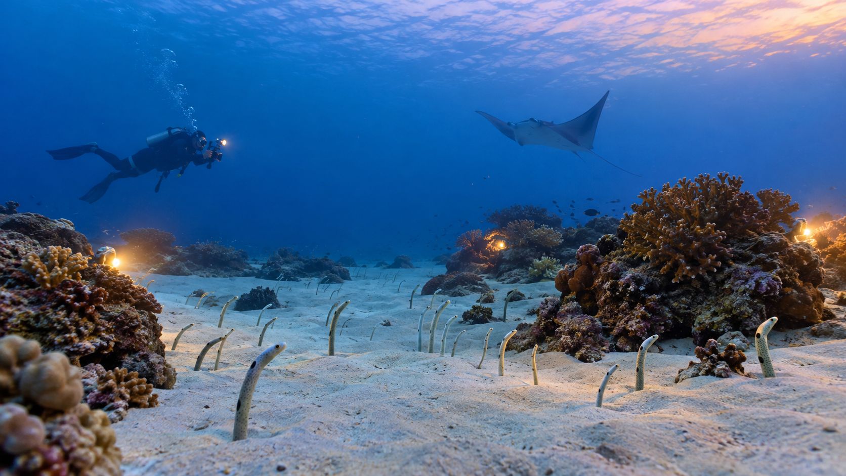 A scuba diver photographing garden eels in the sand with a graceful manta ray swimming above underwater.