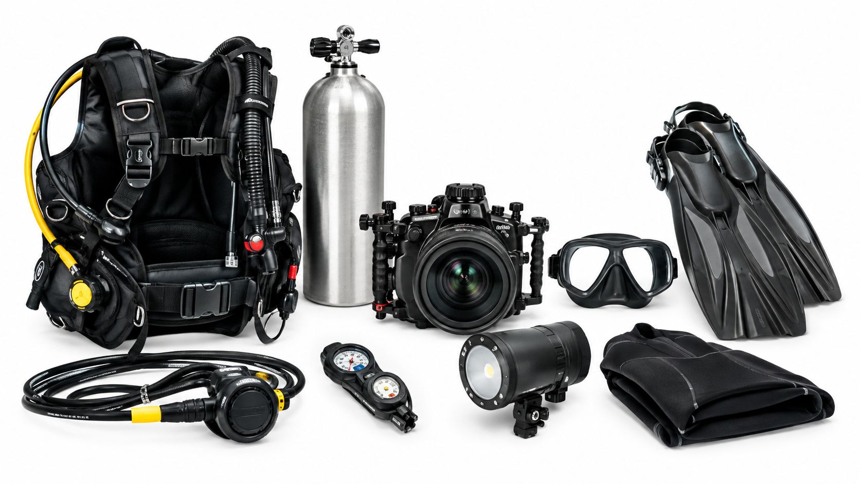Professional scuba diving gear and underwater photography equipment arranged on a clean white background studio shot.