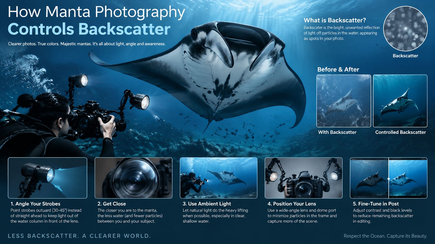 An infographic showing five techniques for reducing backscatter when photographing manta rays while underwater diving.