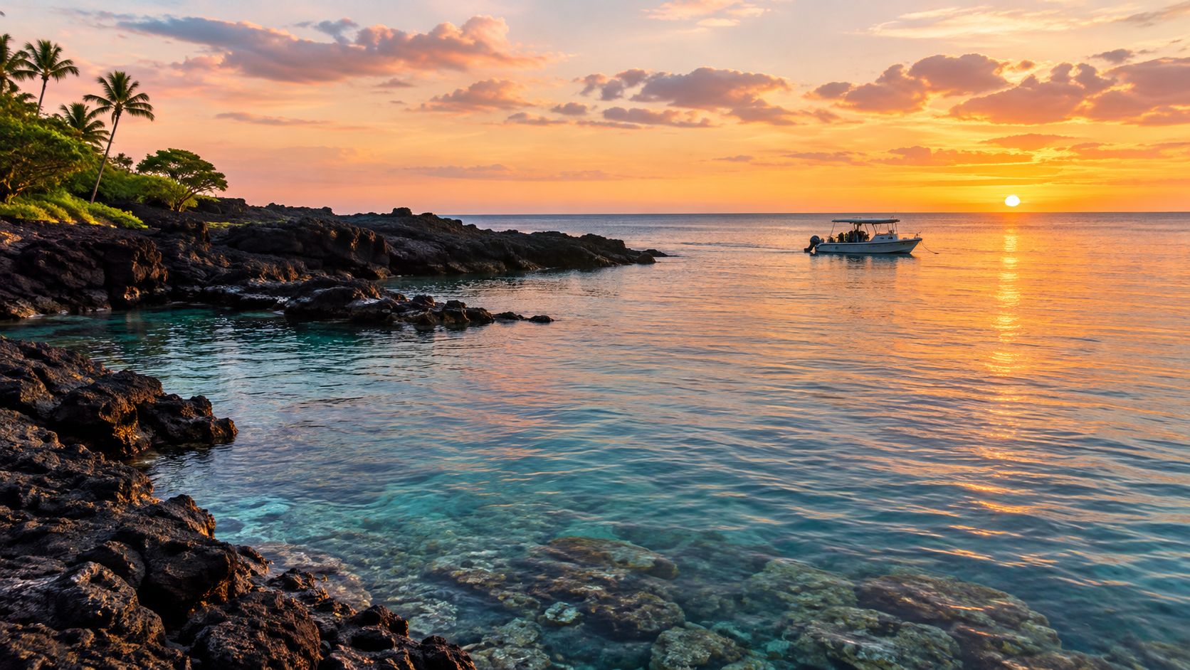 A small tour boat cruises through crystal clear blue water near a rocky volcanic shoreline at sunset.