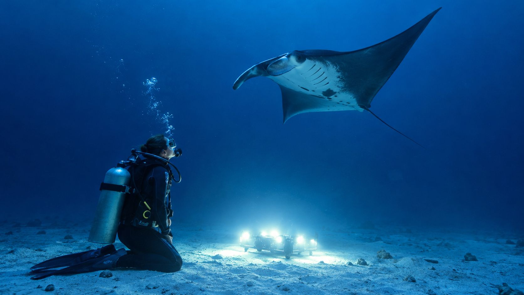 A scuba diver kneeling on the sandy ocean floor observes a graceful manta ray swimming above underwater lights.
