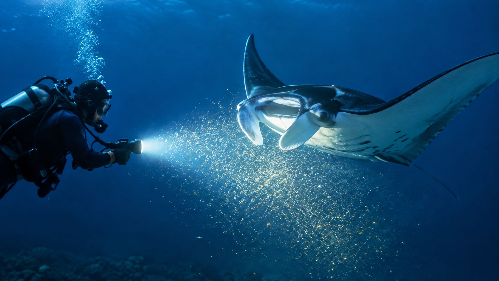 A scuba diver explores the ocean at night while illuminating a large manta ray with a flashlight.
