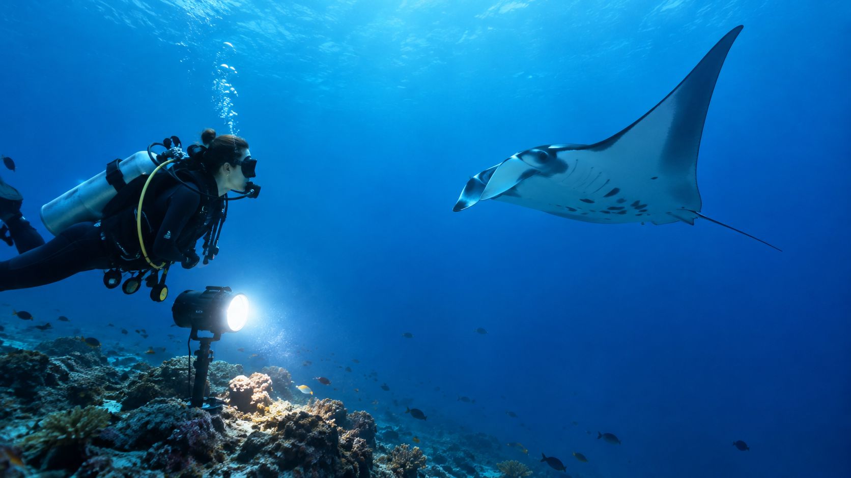 A scuba diver explores the ocean depths while interacting with a large, graceful manta ray underwater.