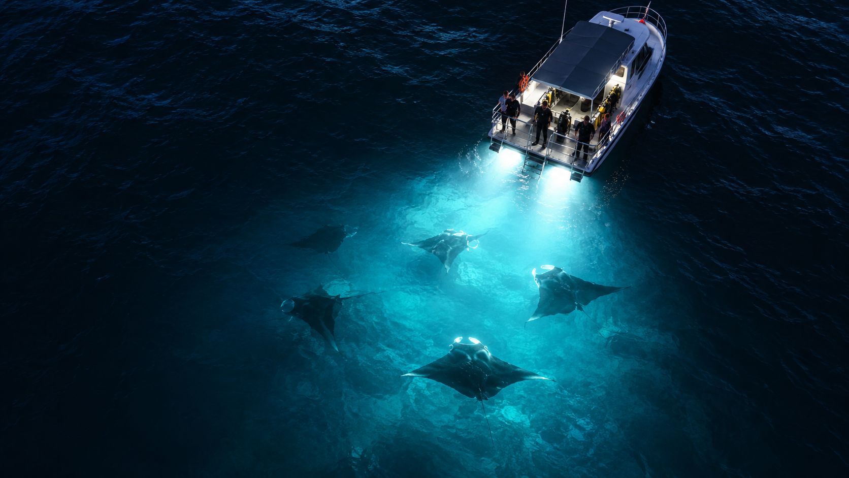 A boat illuminates manta rays swimming in deep blue water during a night diving excursion.