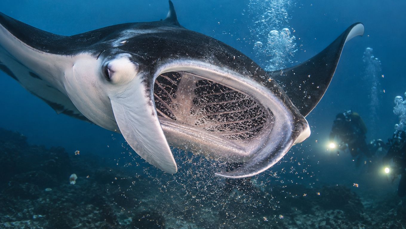 A giant manta ray swims with its mouth open while filter feeding near scuba divers at night.