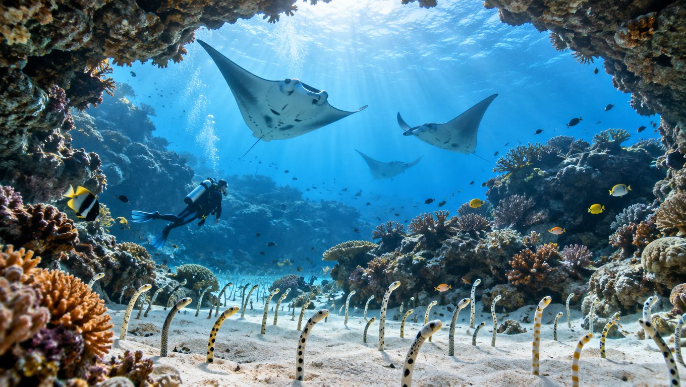 A scuba diver explores a vibrant coral reef teeming with spotted garden eels and majestic manta rays.