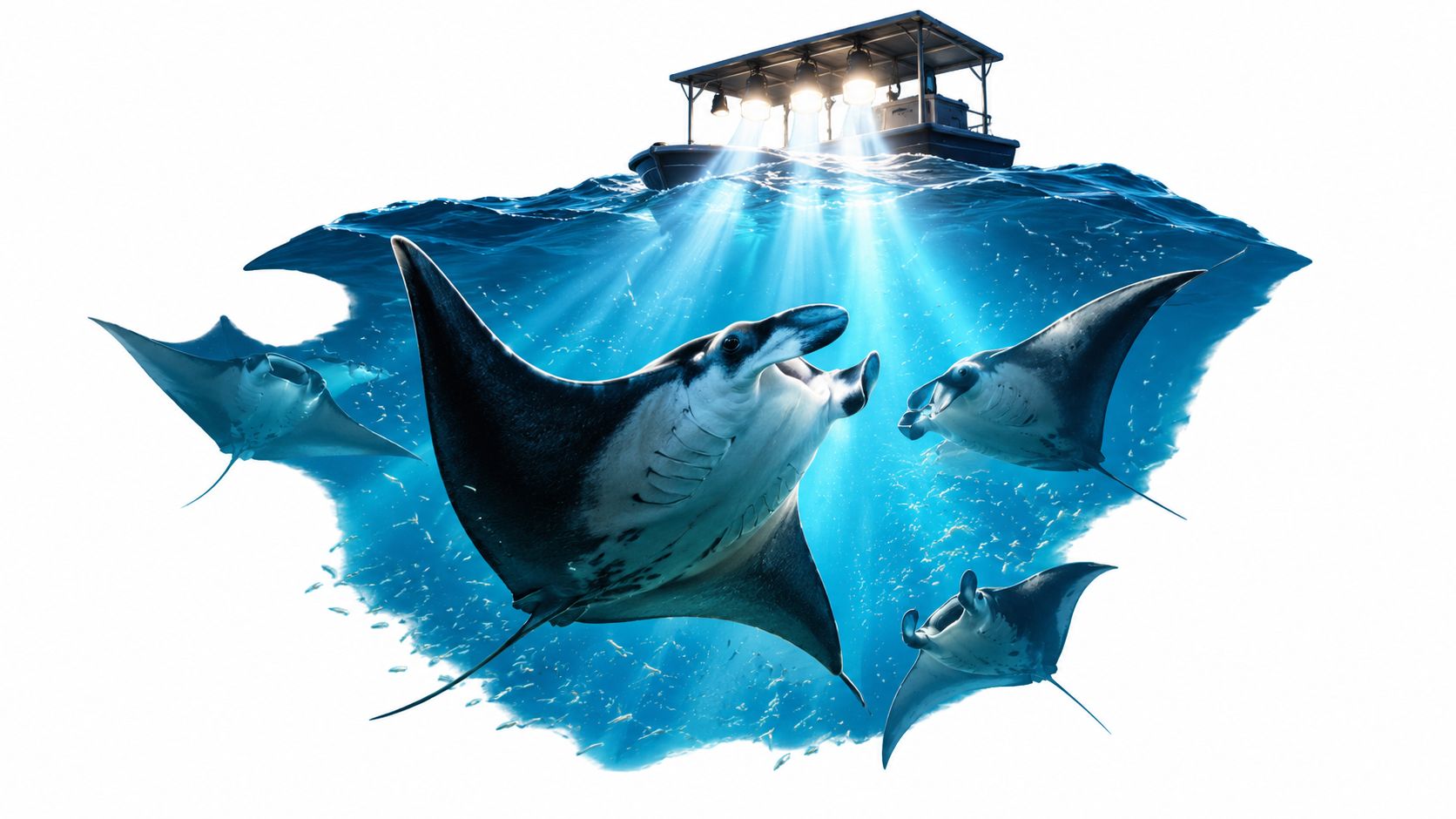 Multiple manta rays swimming under a boat illuminated by bright night lights in clear blue ocean water.