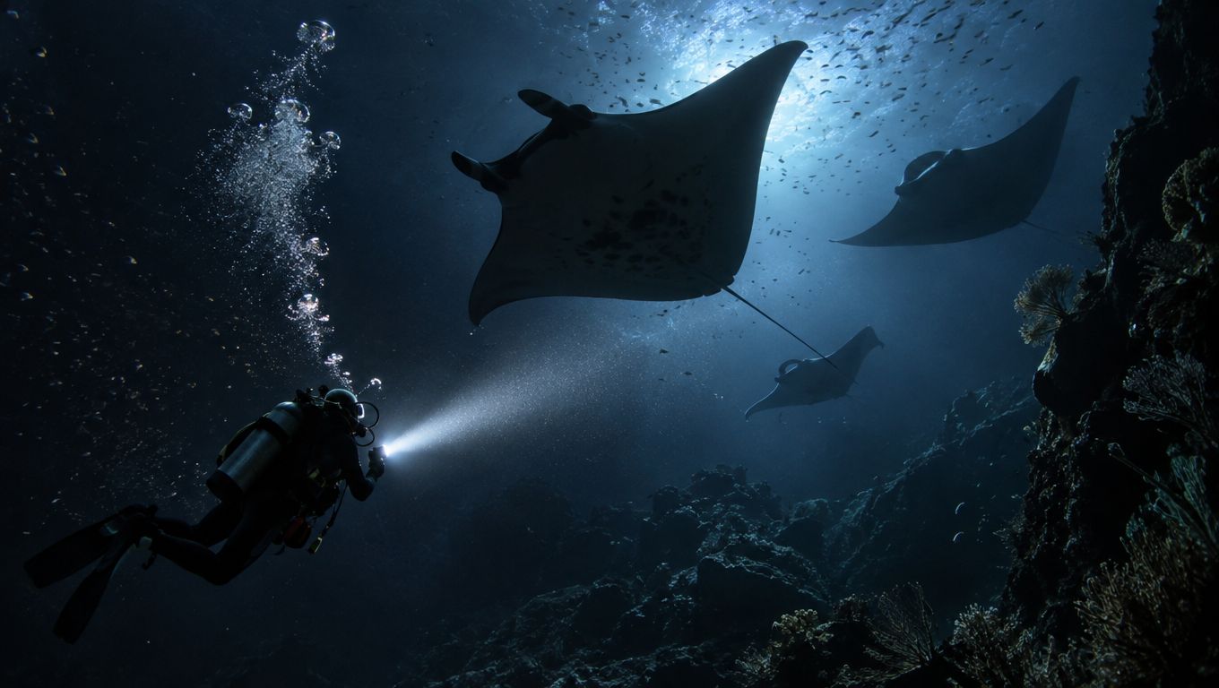 A scuba diver explores the deep ocean at night with a flashlight, encountering several graceful manta rays.