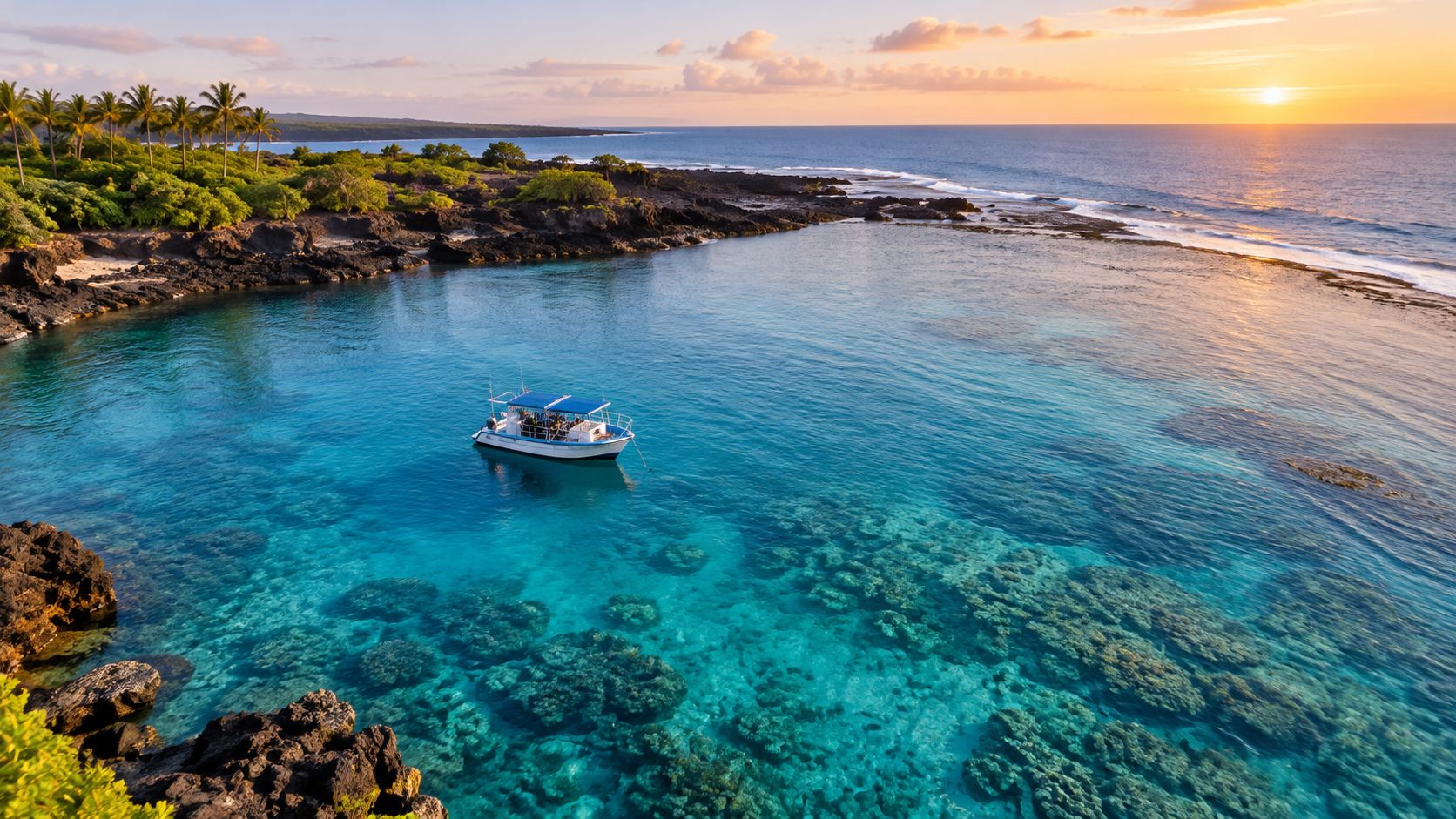 A small boat floating in a clear turquoise tropical bay during a beautiful sunset in Hawaii.