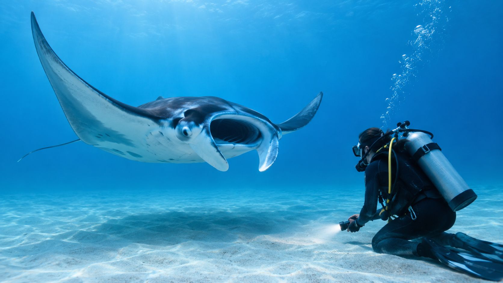 A scuba diver kneeling on the sandy ocean floor observes a large manta ray swimming nearby.