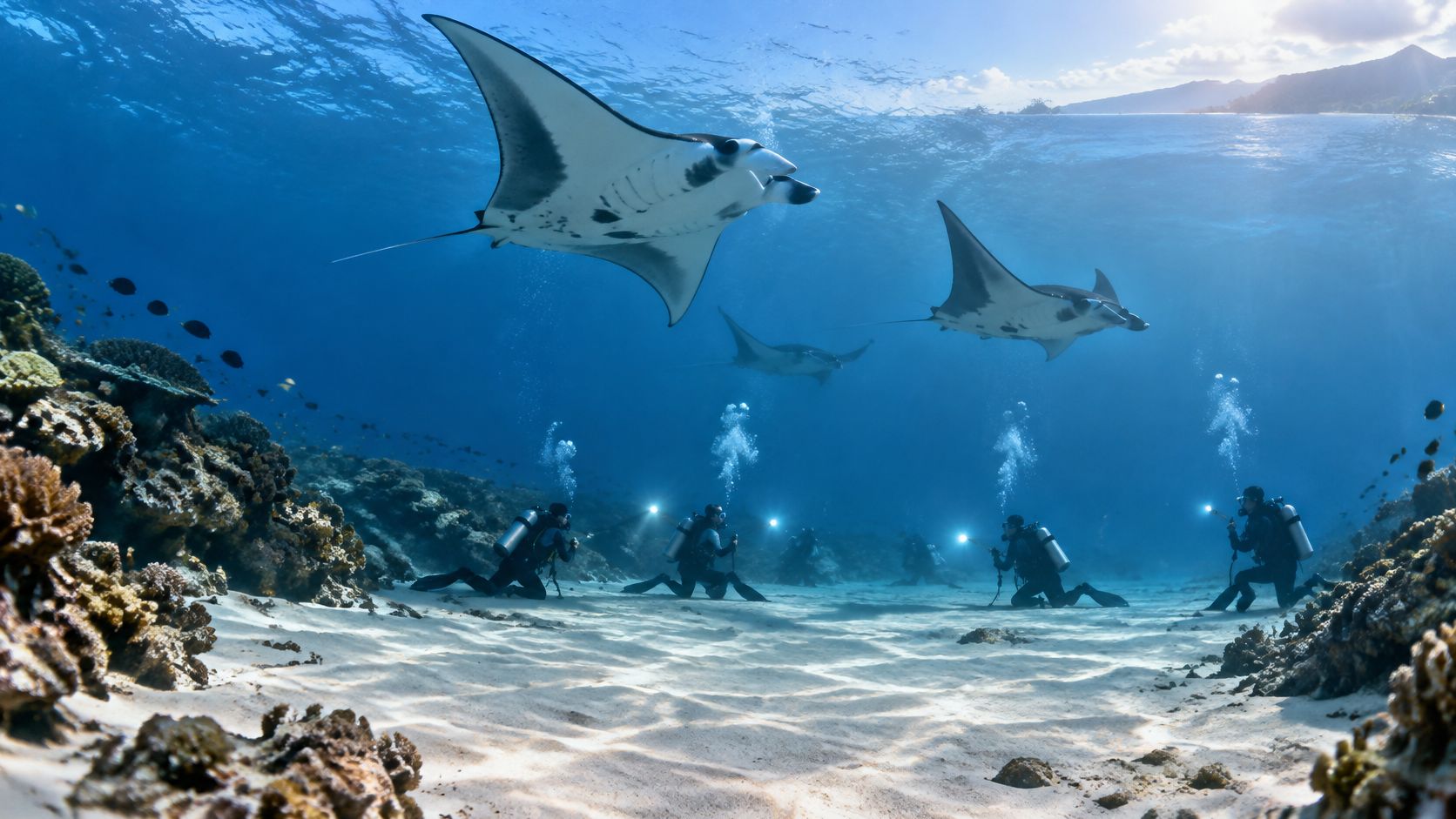 Scuba divers with bright flashlights observing manta rays swimming in clear blue tropical ocean water at night.