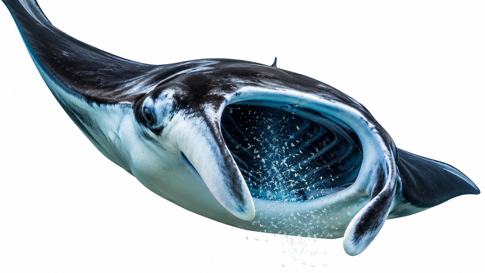 A close up view of a manta ray with its mouth open wide filtering plankton from water.