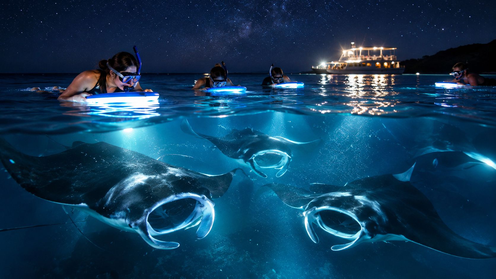 Snorkelers observing graceful manta rays swimming beneath illuminated boards in the ocean under a starry night.
