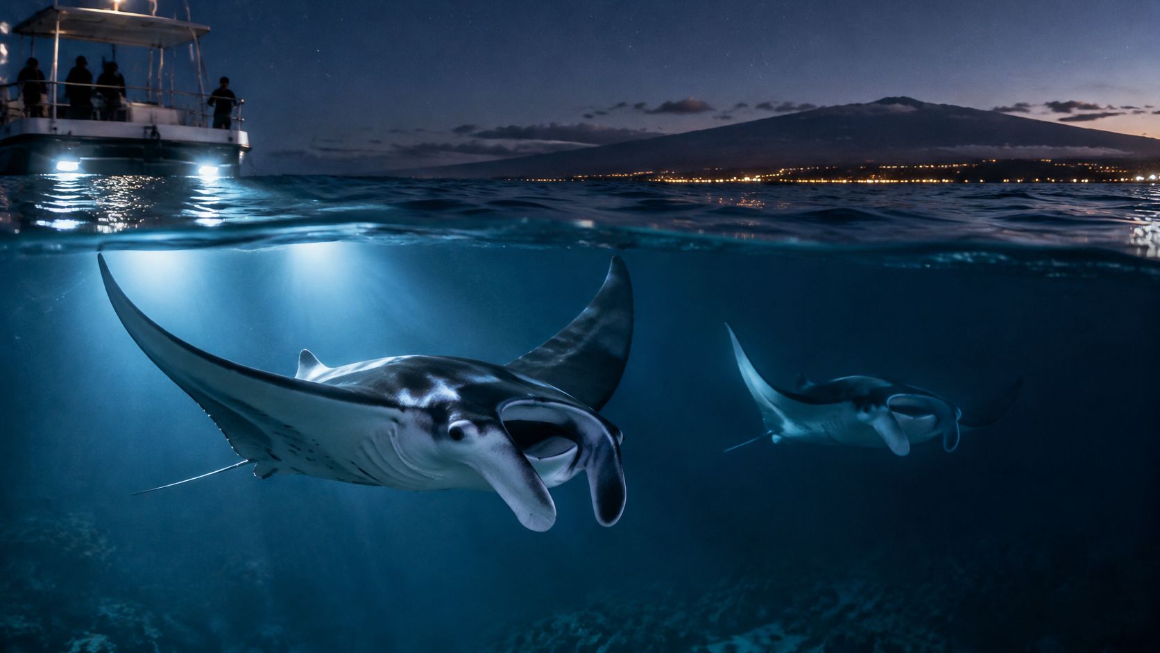 Two majestic manta rays swim gracefully beneath a tour boat at night near the Big Island coast.