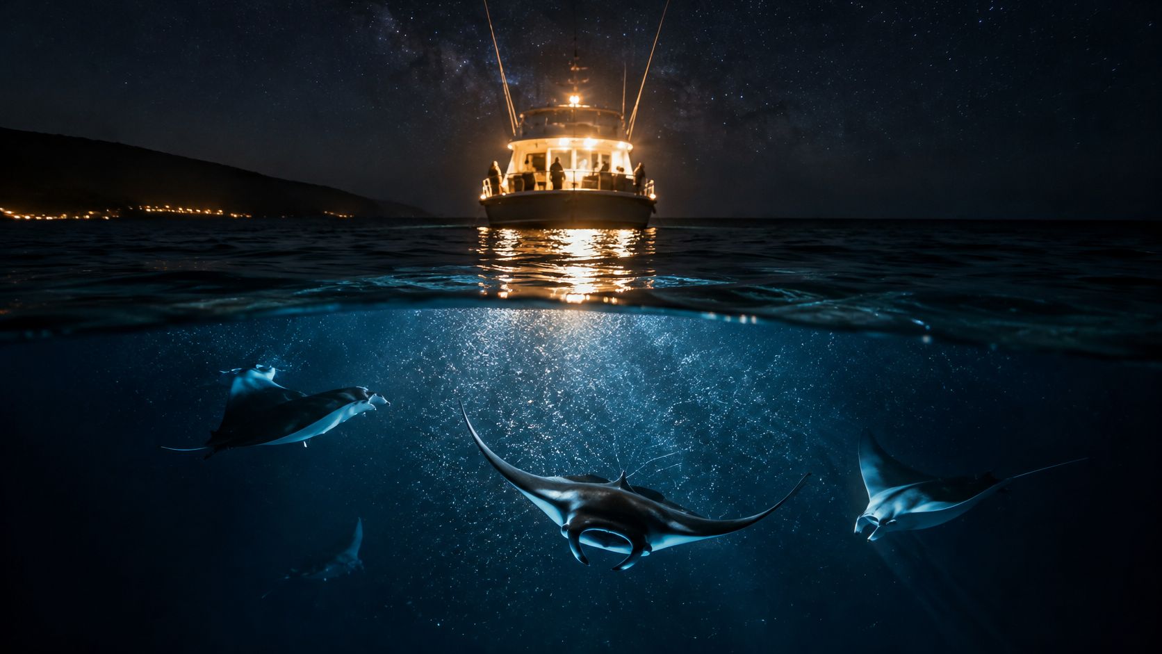 A split-level shot of a boat on the water at night with manta rays swimming below.