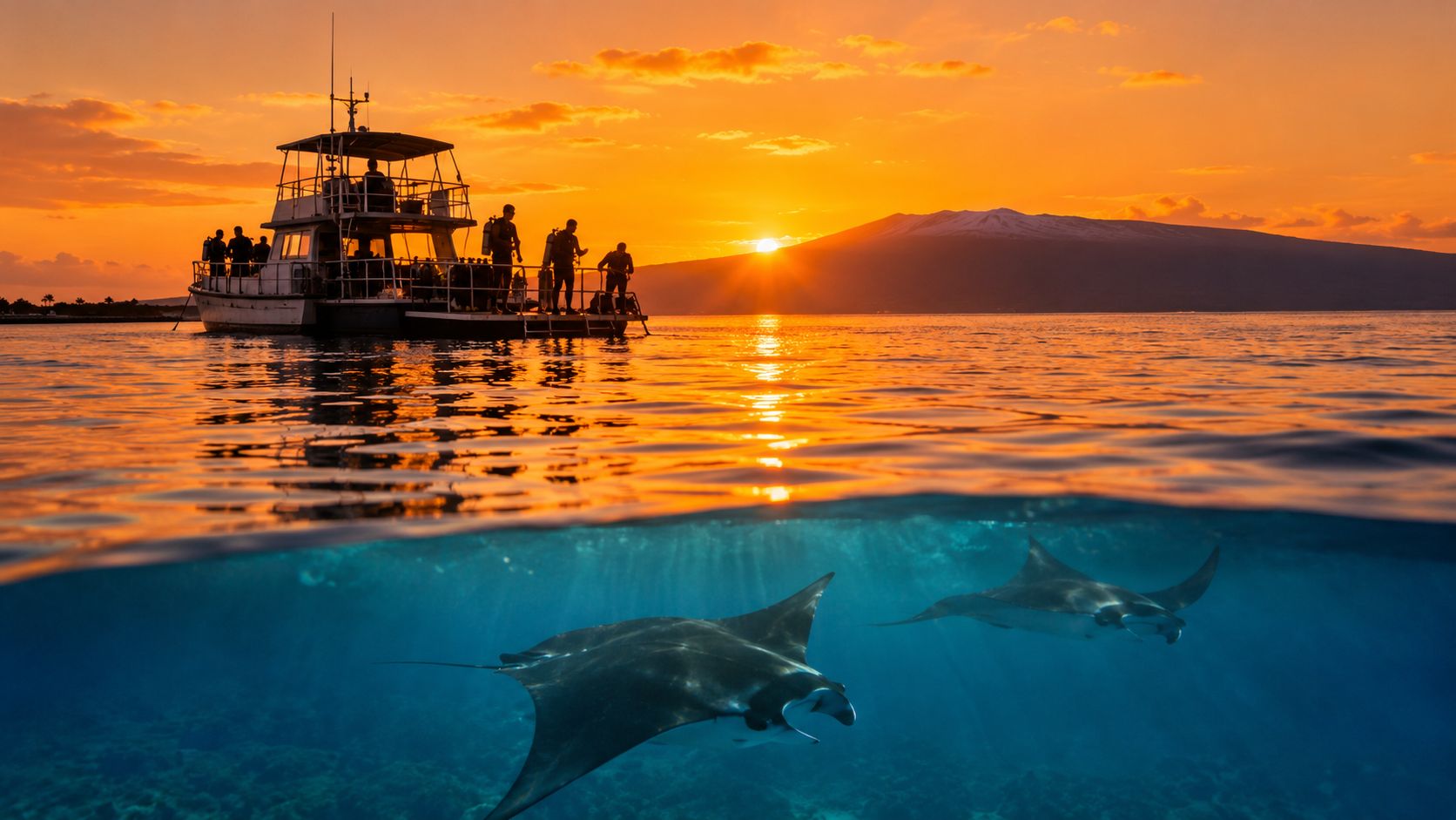 A split view showing manta rays swimming underwater below a boat at sunset off Big Island.