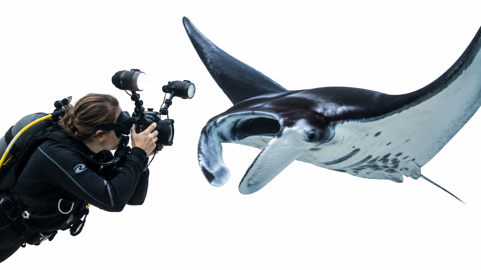 A scuba diver takes professional underwater photographs of a giant manta ray in the open ocean.