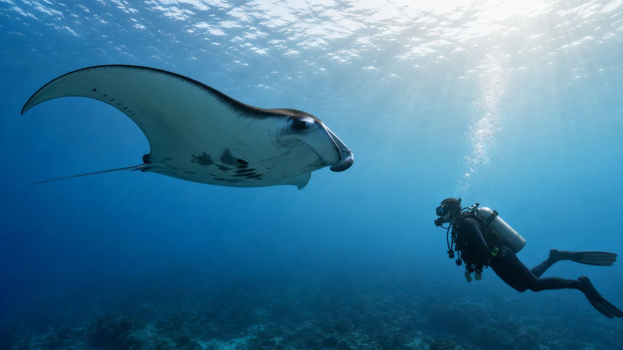A scuba diver swims underwater alongside a graceful manta ray in the clear blue ocean.