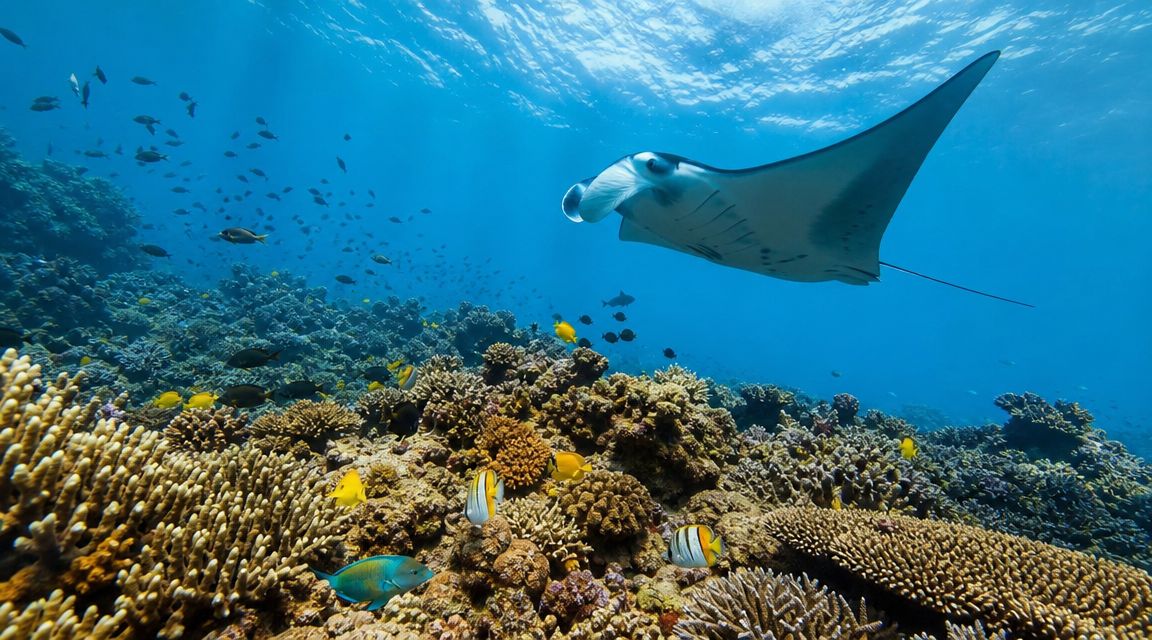 A majestic manta ray glides through the clear blue water above a vibrant coral reef in Kona.