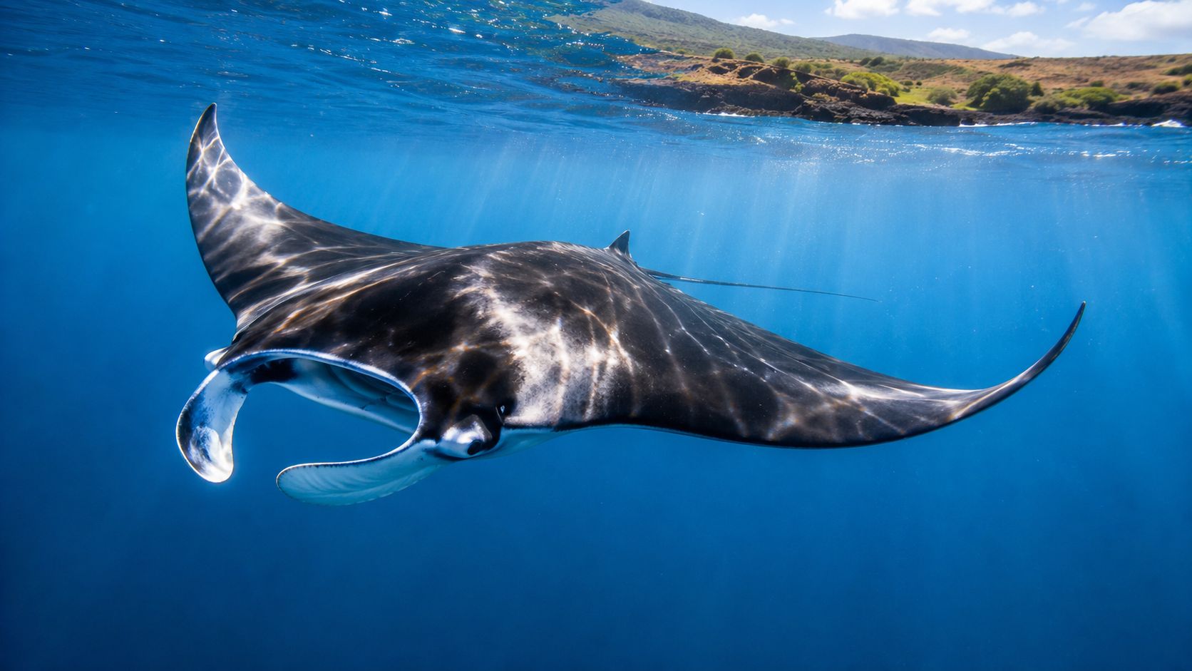 A majestic manta ray swimming gracefully through clear blue tropical waters near a Hawaiian island coastline.