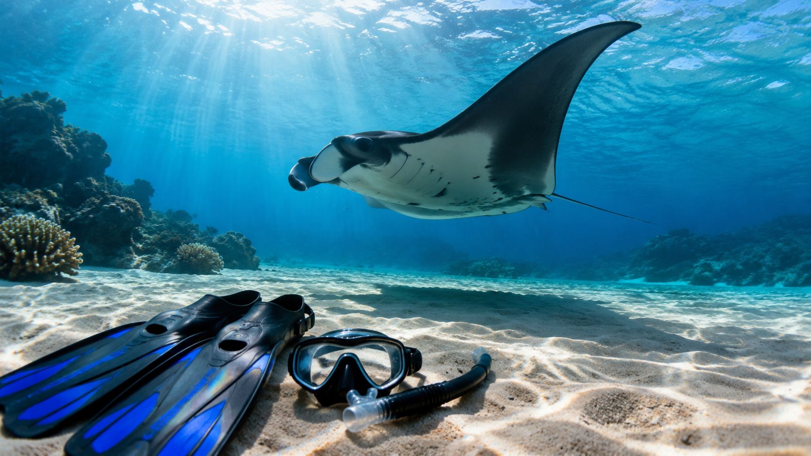 A majestic manta ray glides through crystal clear blue water above snorkel gear resting on the sandy bottom.