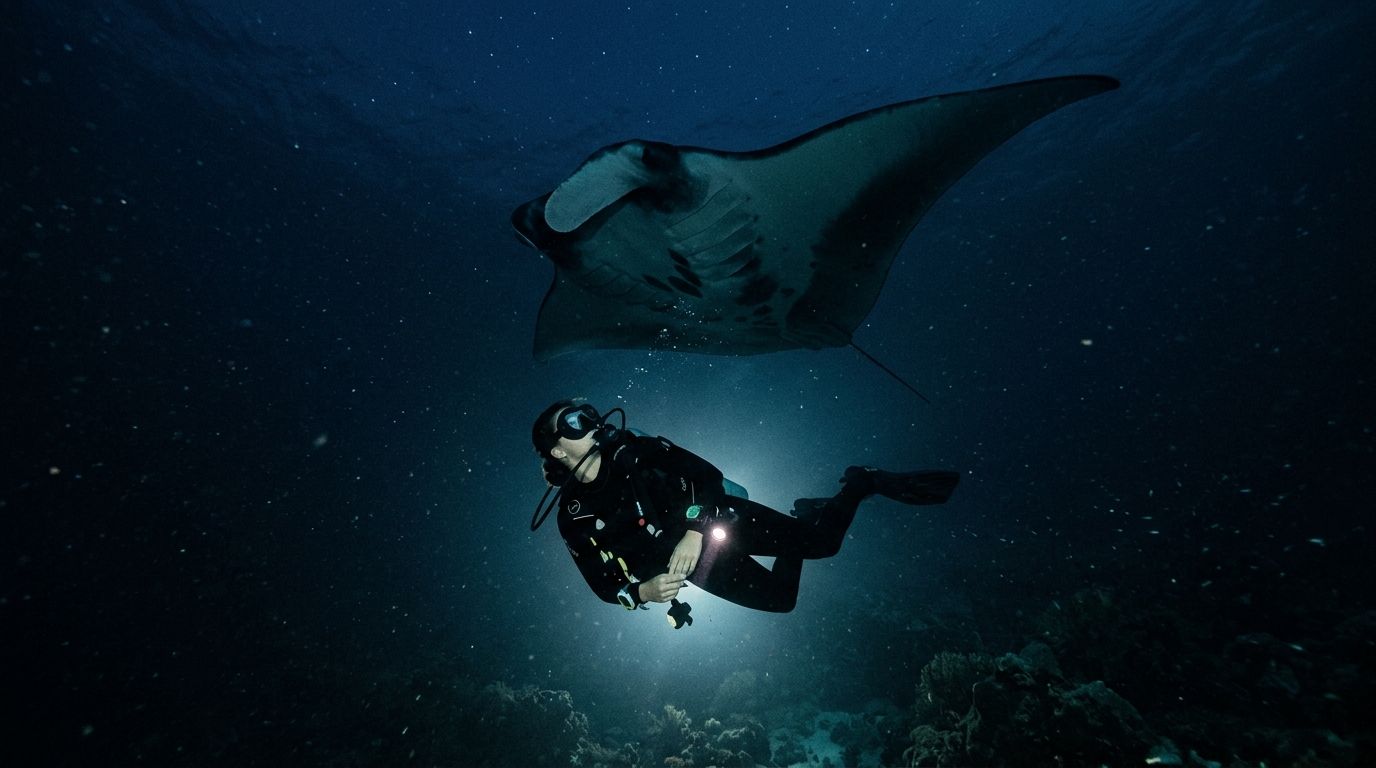 A scuba diver swims underwater at night while a large manta ray glides gracefully overhead.