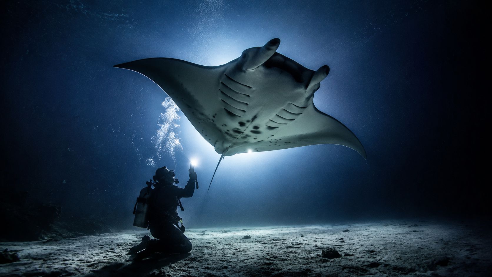 A scuba diver kneels on the sandy ocean floor, shining a light at a majestic manta ray above.