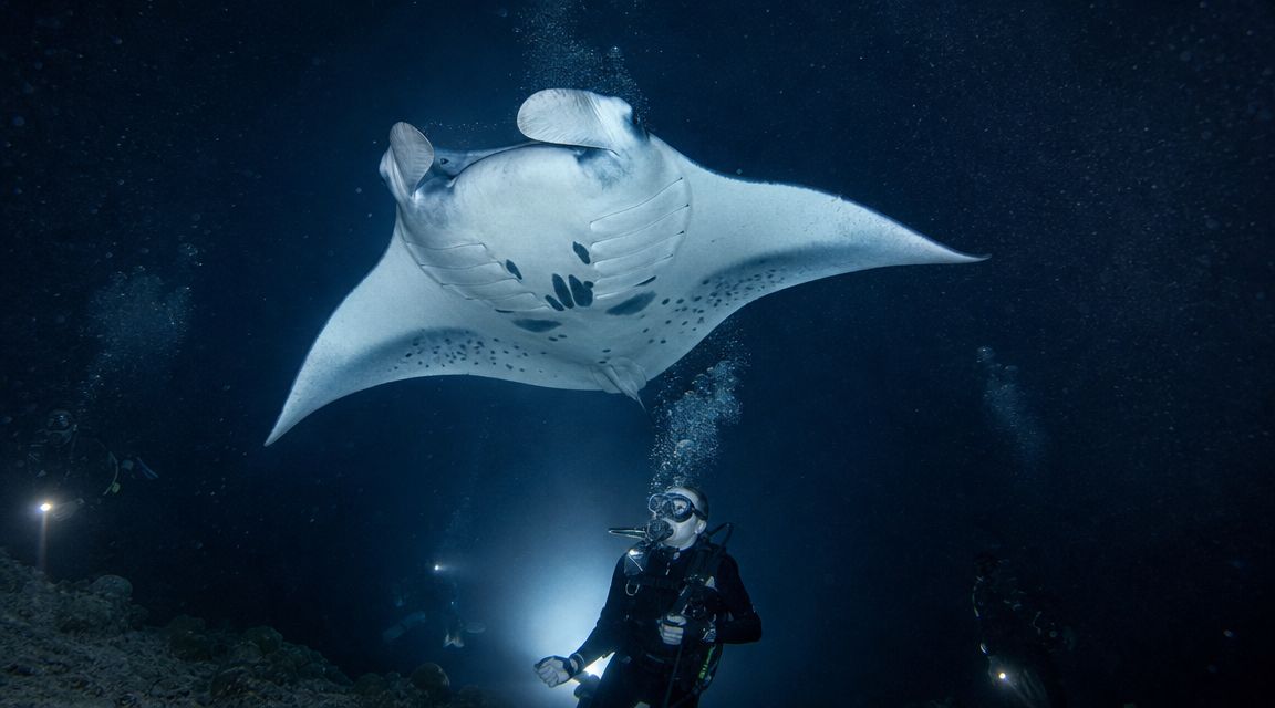 Scuba divers swimming at night with a large manta ray in the dark ocean waters