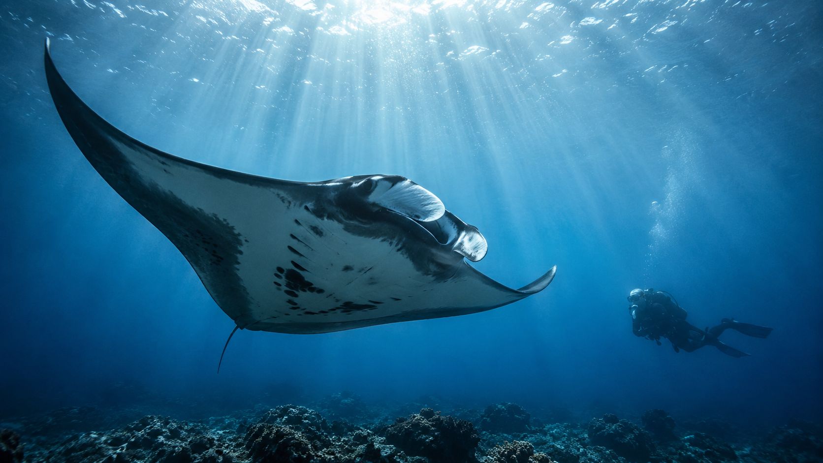 A scuba diver swimming underwater alongside a large, graceful manta ray in the deep blue ocean.