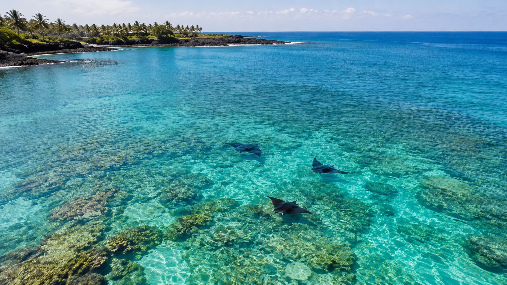 A high-angle view of three manta rays swimming in shallow, turquoise, clear tropical waters near a coastline.
