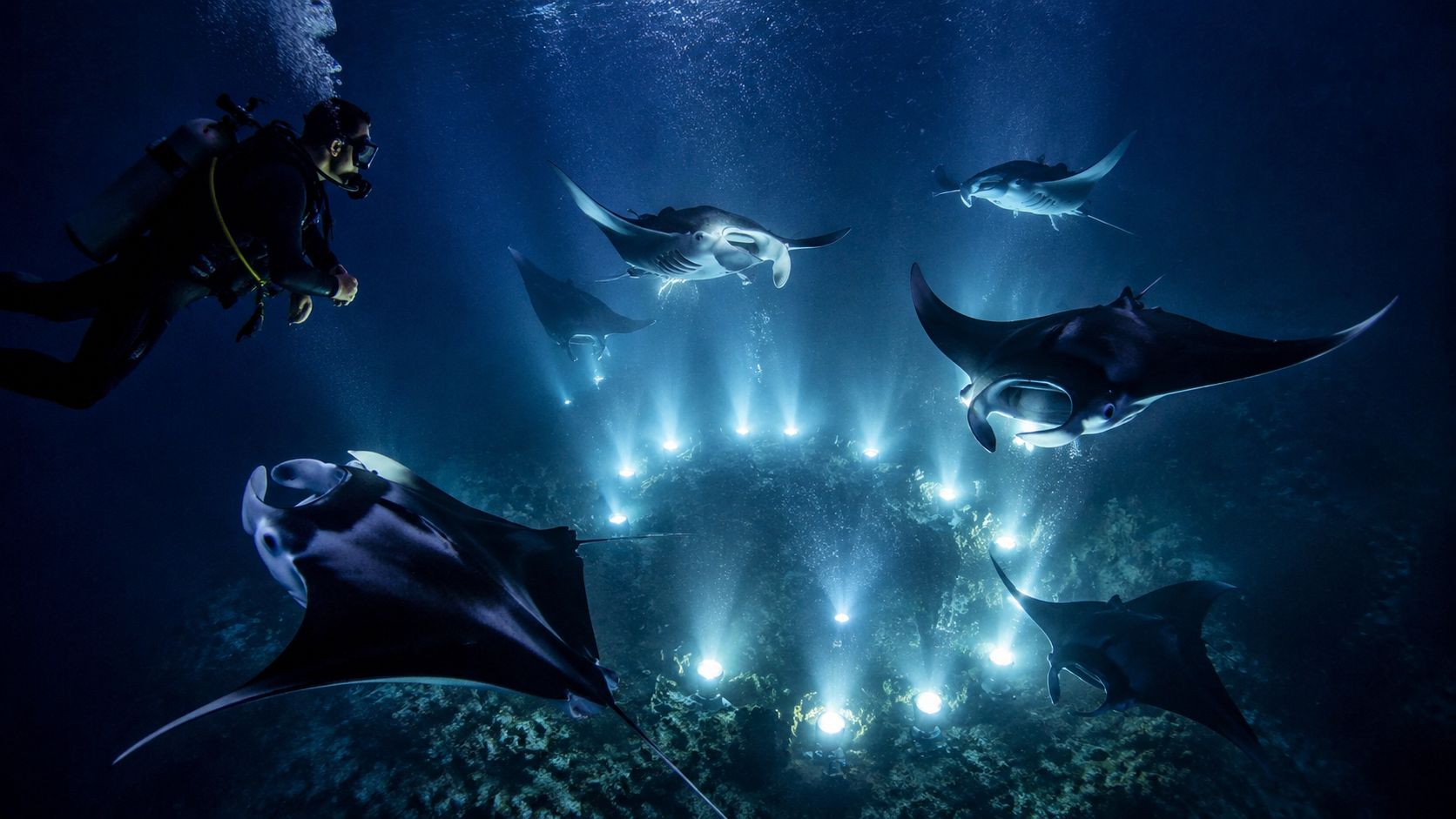 A scuba diver observing multiple manta rays swimming around underwater spotlights on the dark ocean floor.
