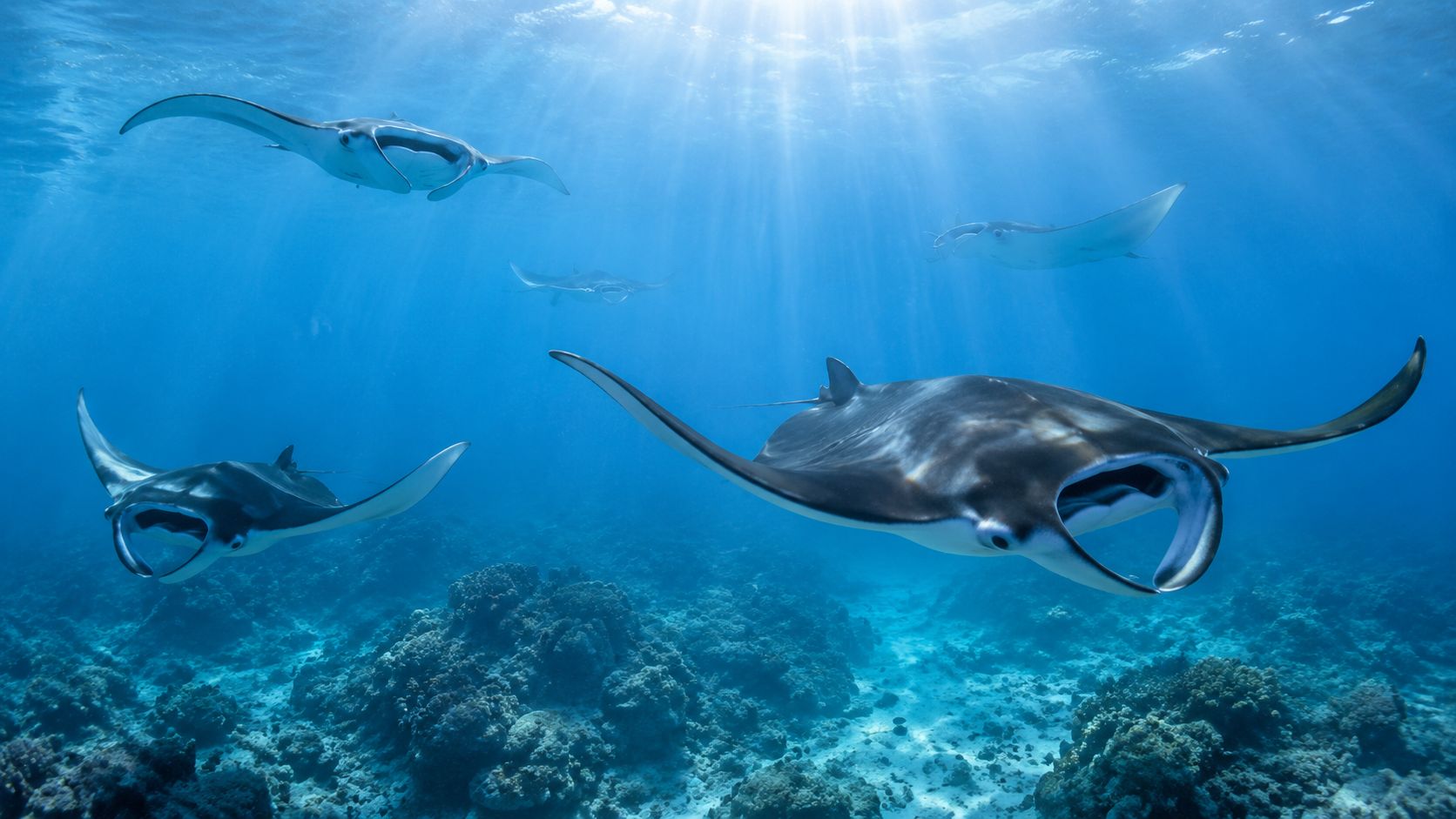 A group of elegant manta rays swimming gracefully over a sunlit coral reef in clear blue water.