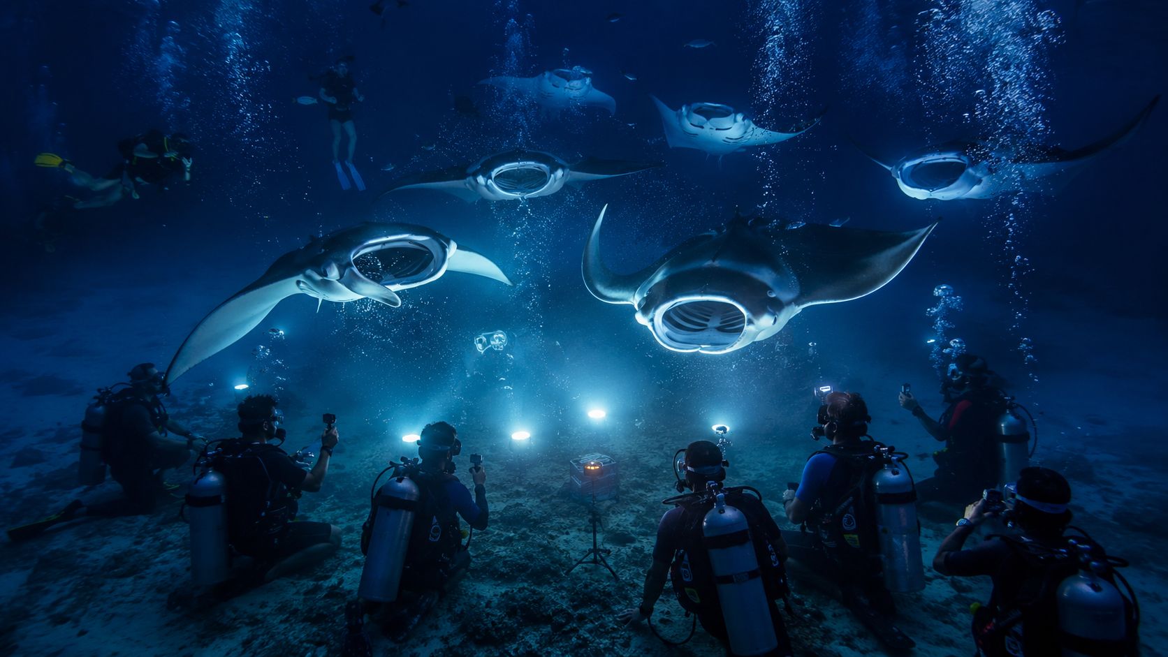 Scuba divers with underwater lights gather around a group of majestic manta rays in the deep ocean.