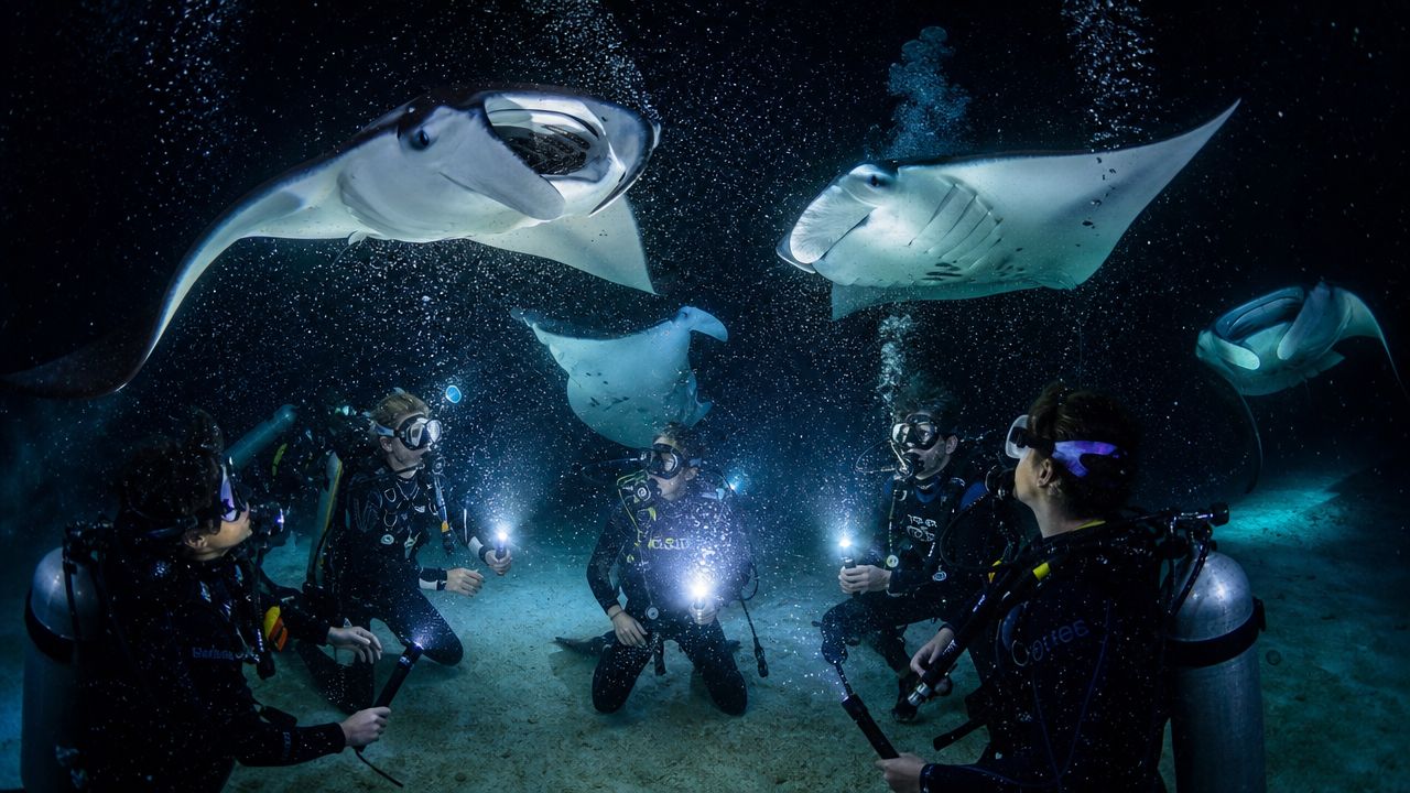 Scuba divers with flashlights observing majestic manta rays swimming through dark ocean waters at night