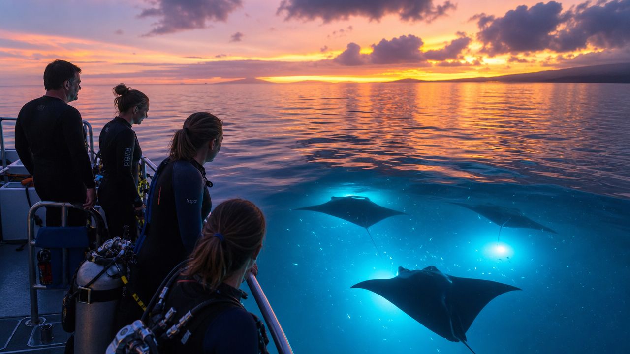 Divers on a boat watching manta rays glowing under blue lights during a beautiful sunset in Hawaii.