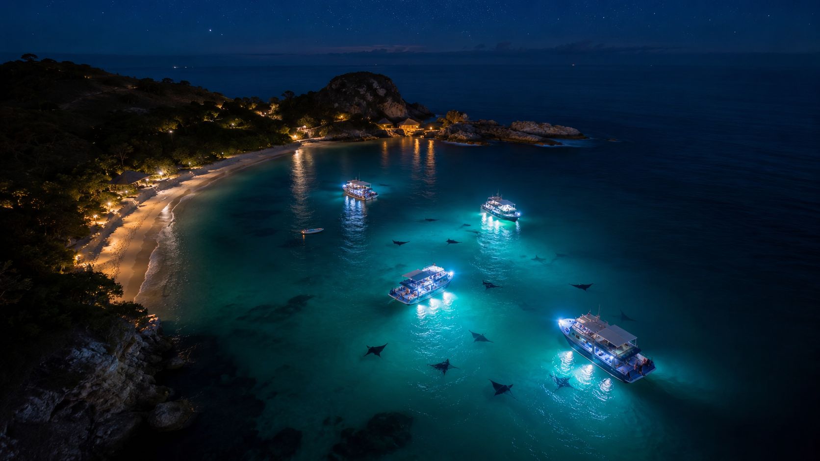 Aerial night view of boats with underwater lights illuminating manta rays in a tropical bay.