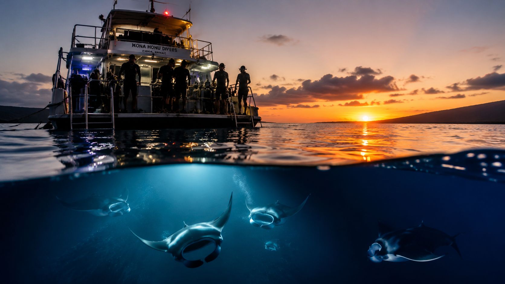 A split-level shot featuring people on a boat at sunset above and manta rays underwater below.
