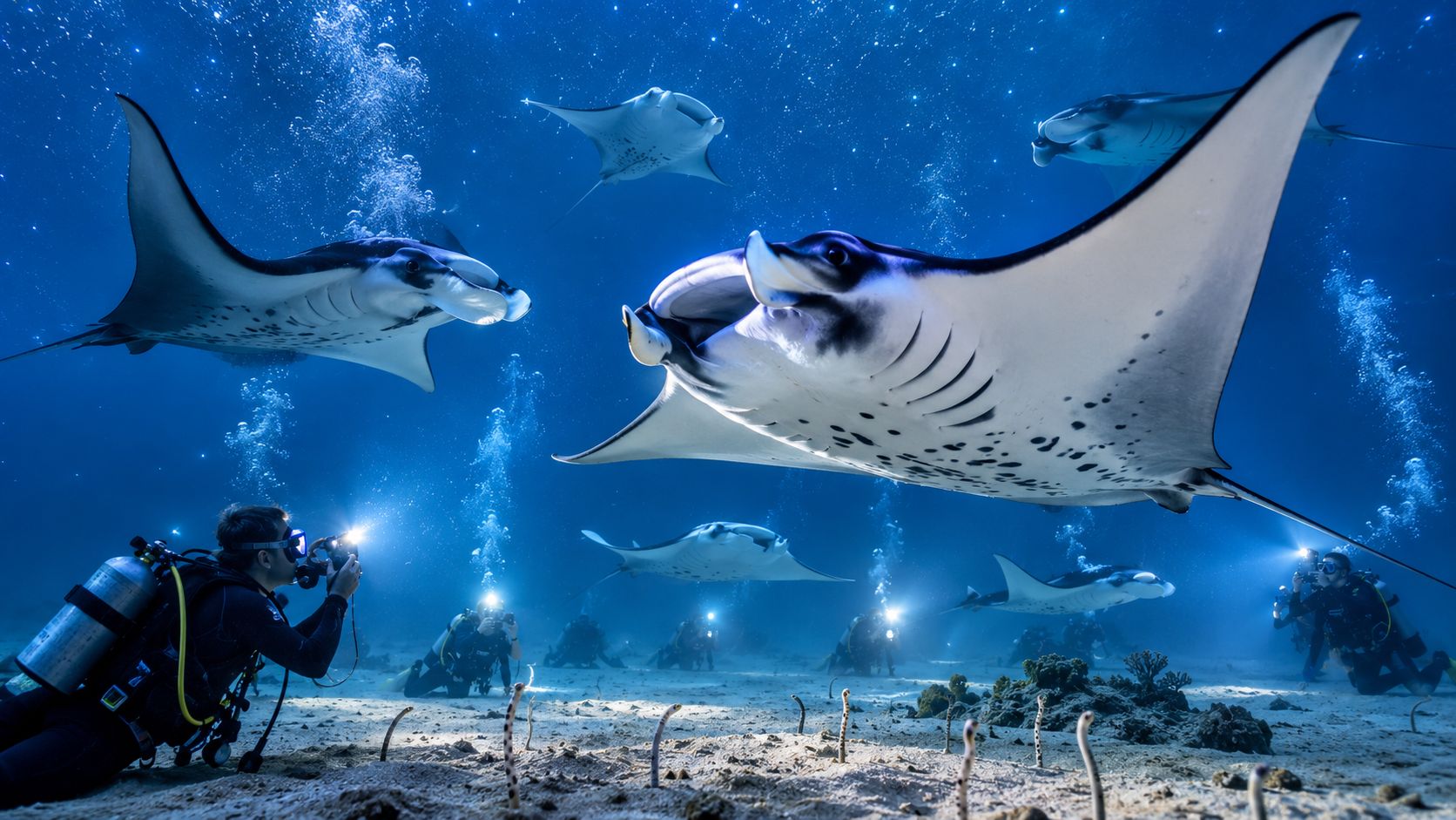 Scuba divers use underwater cameras to photograph graceful manta rays swimming in the deep blue ocean.