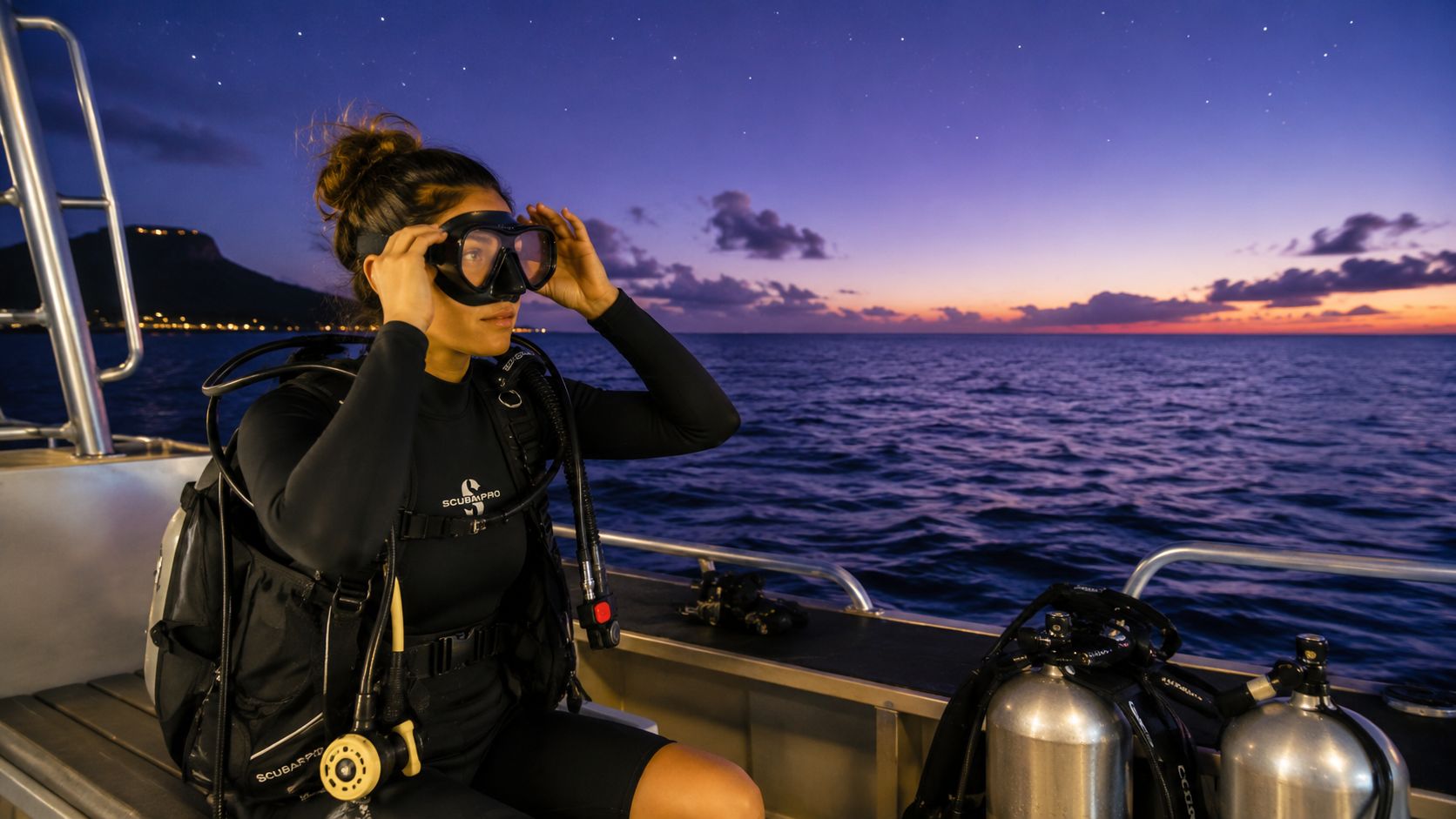 A woman preparing for a scuba dive on a boat during a beautiful sunset over the ocean.