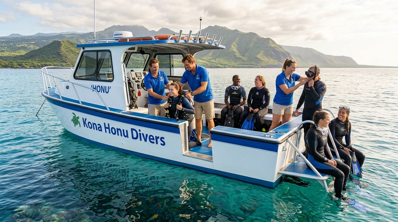 A group of divers and instructors on a Kona Honu Divers boat preparing for a dive.