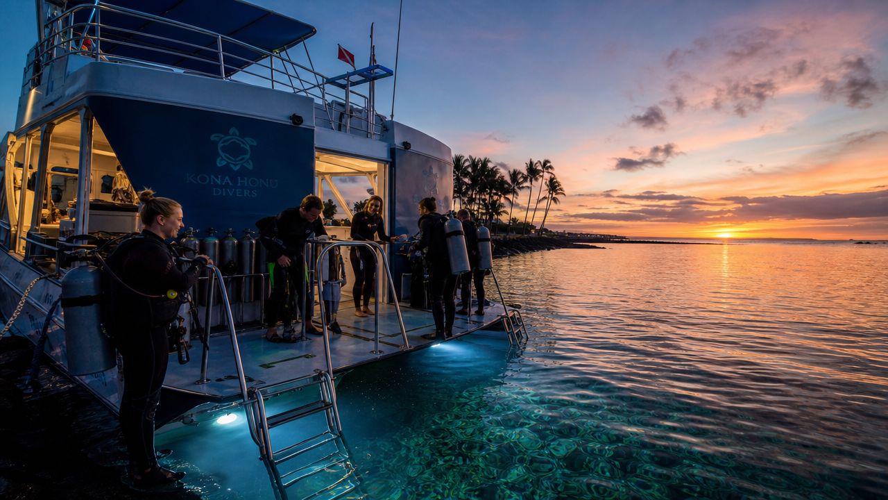 Scuba divers preparing for a sunset manta ray dive on a boat in Kona, Hawaii.