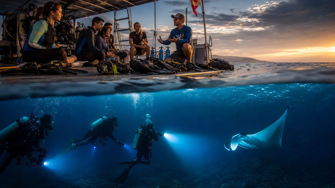 A split-view image showing scuba divers on a boat briefing and swimming with a manta ray underwater.