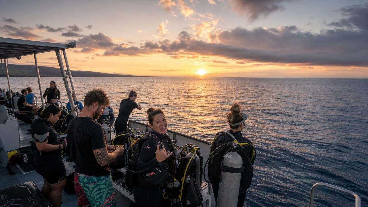 A group of scuba divers on a boat at sunset preparing for a manta ray night dive.