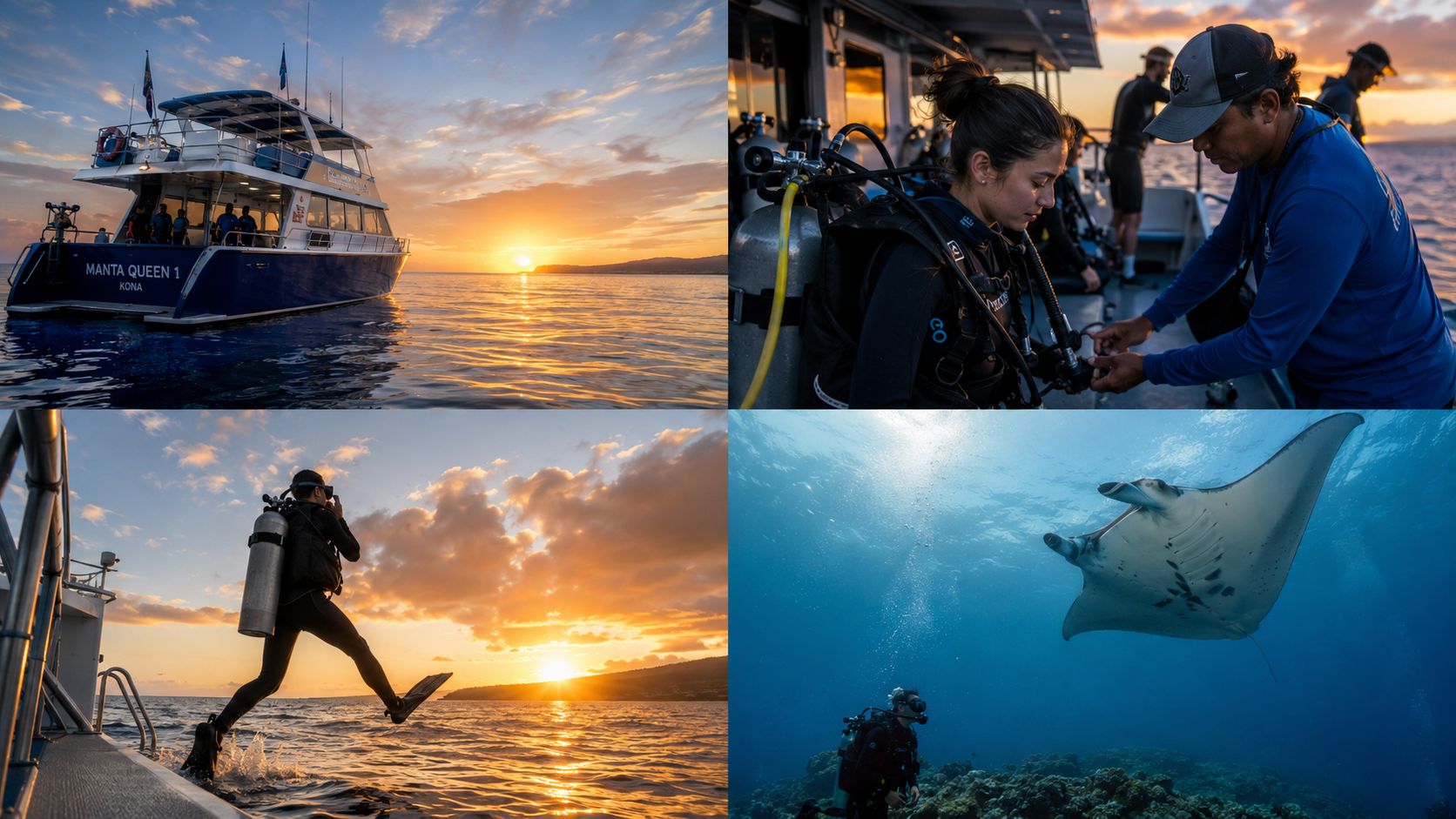 A scenic collage showing a boat trip, divers preparing, and a majestic manta ray swimming underwater.