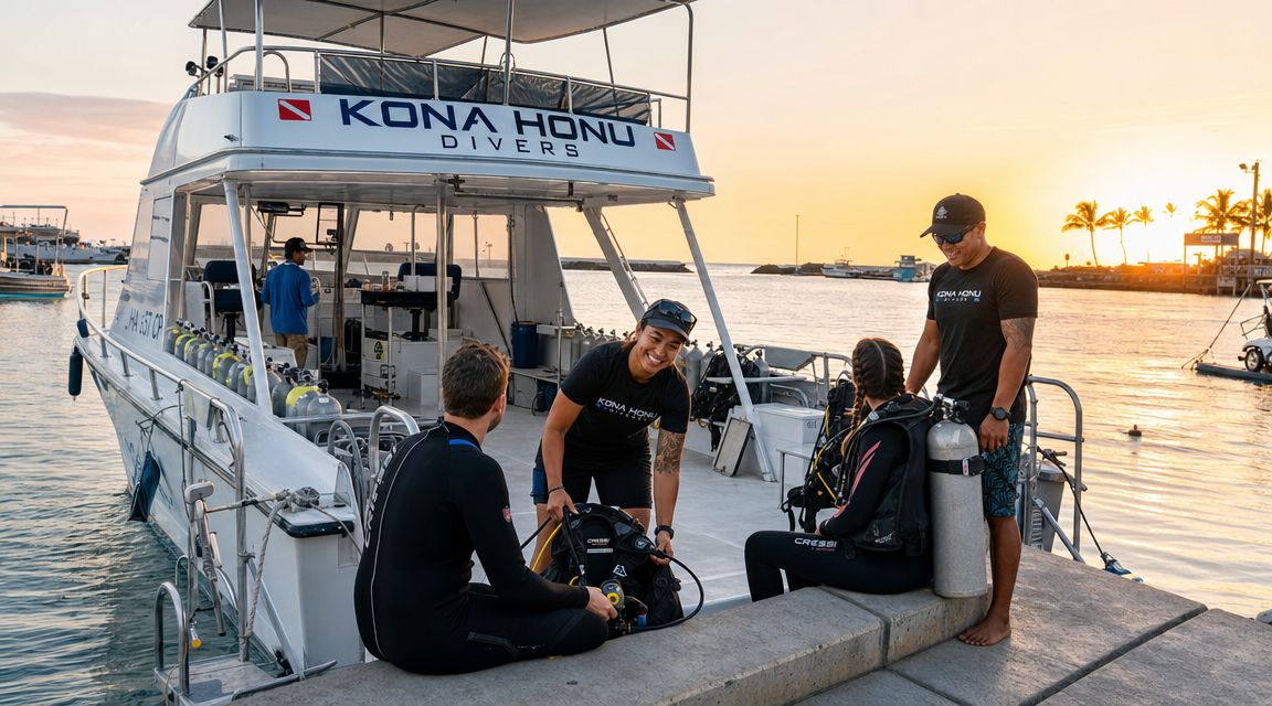 Scuba diving instructors preparing equipment with a customer on the docks by a Kona Honu boat.